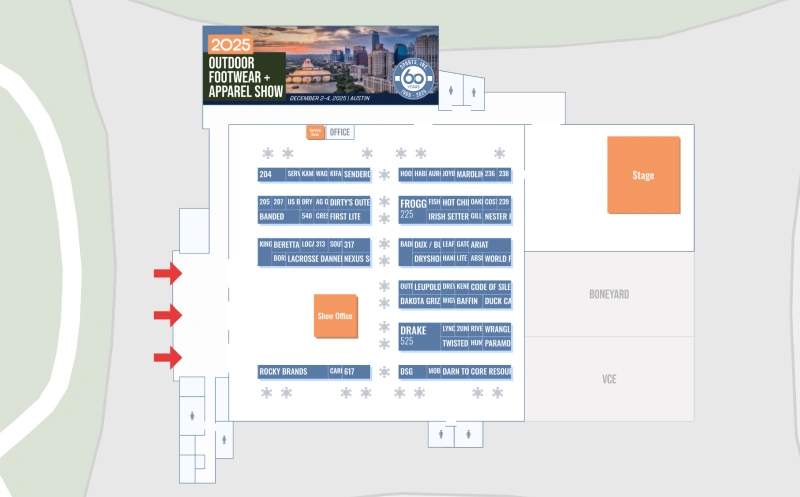 Outdoor Footwear & Apparel Show 2025 interactive floor plan screenshot